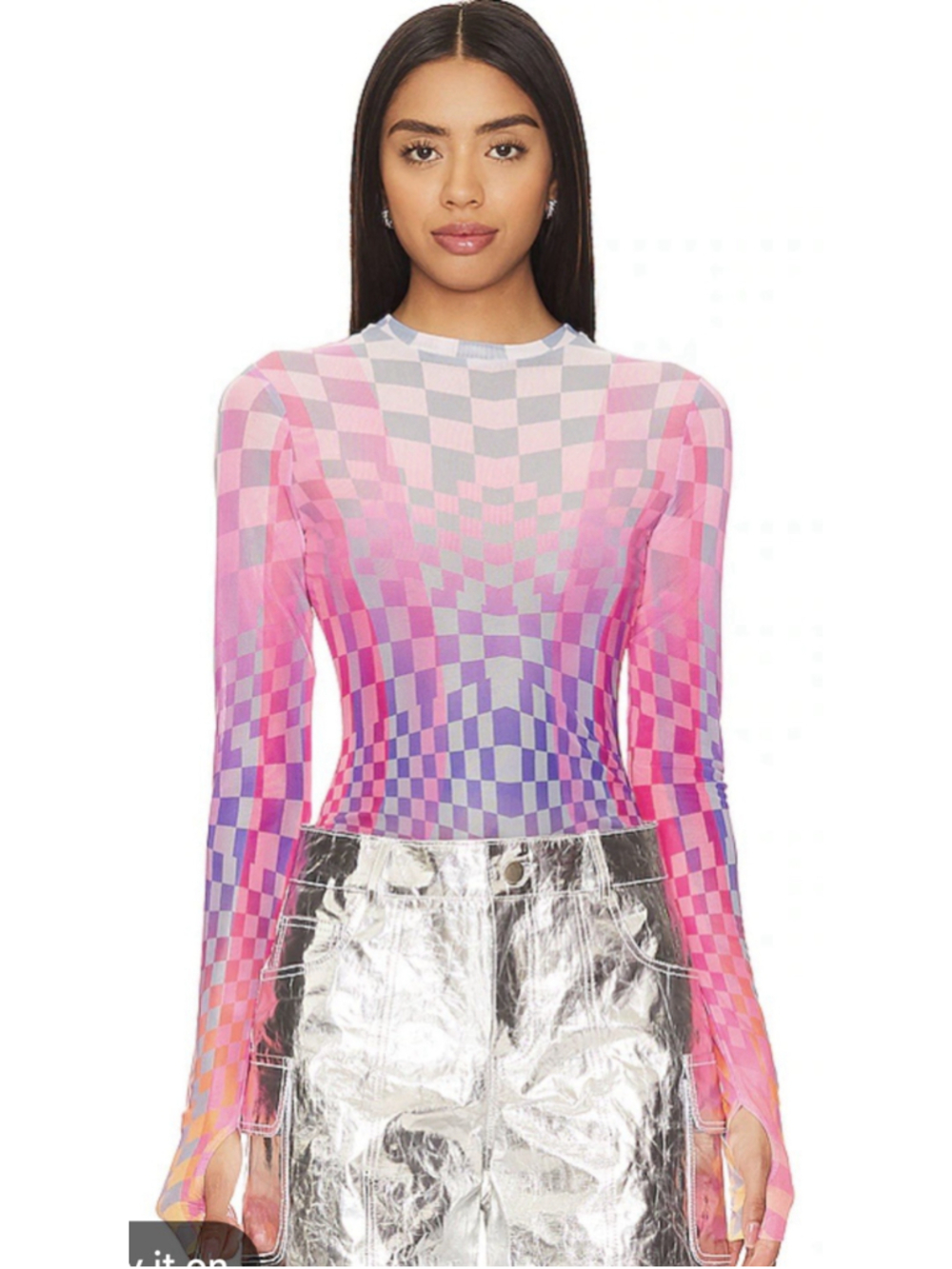 AFRM Revolve Kaylee Grid Ombre Mesh Bodysuit Pink Purple Checkerboard Top NWT L